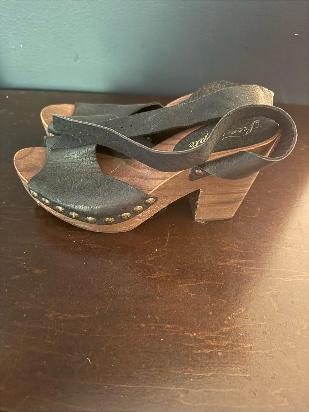 Free People Black Leather Studded Platform Clogs